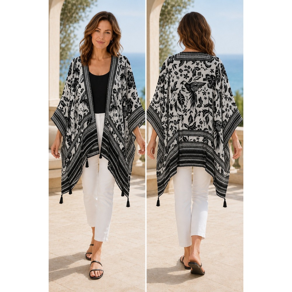Vince Camuto Open Kimono Women OS Black White Bird Floral‎ Ruana Tassel Festive